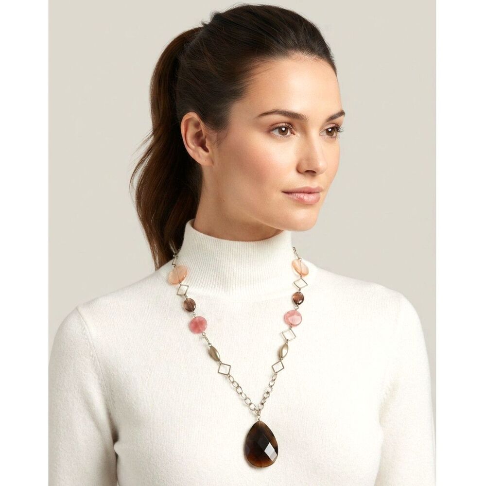 Vintage Lia Sophia Teardrop Pendant Necklace Gold Tone Resin Bead Faux Tortoise